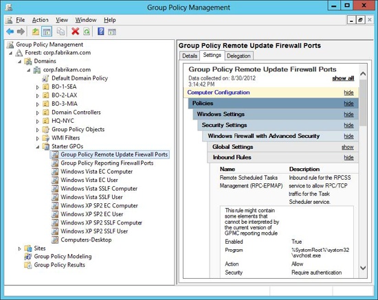 Firewall rules defined in Starter GPOs for enabling a remote refresh of Group Policy.