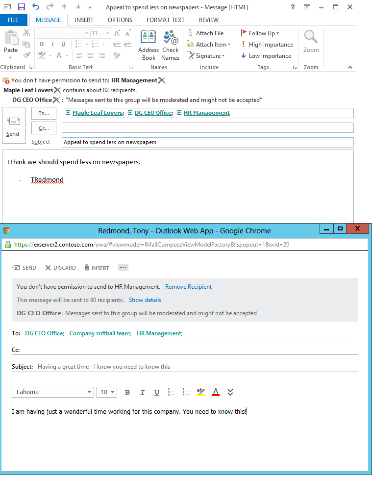 Two screen shots showing how clients display three types of MailTips. The top image is from Outlook 2013; the bottom is from Outlook Web App. The first MailTip indicates that the user does not have permission to send to a recipient. The second states that his message is addressed to a large group, and the third warns that the recipient is moderated, and approval must therefore be gained before the message will be delivered.