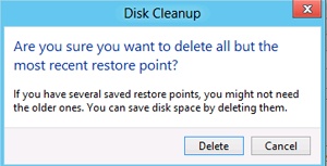 The Disk Cleanup dialog box, presented when choosing to clean up system restore points, as a warning and option to proceed