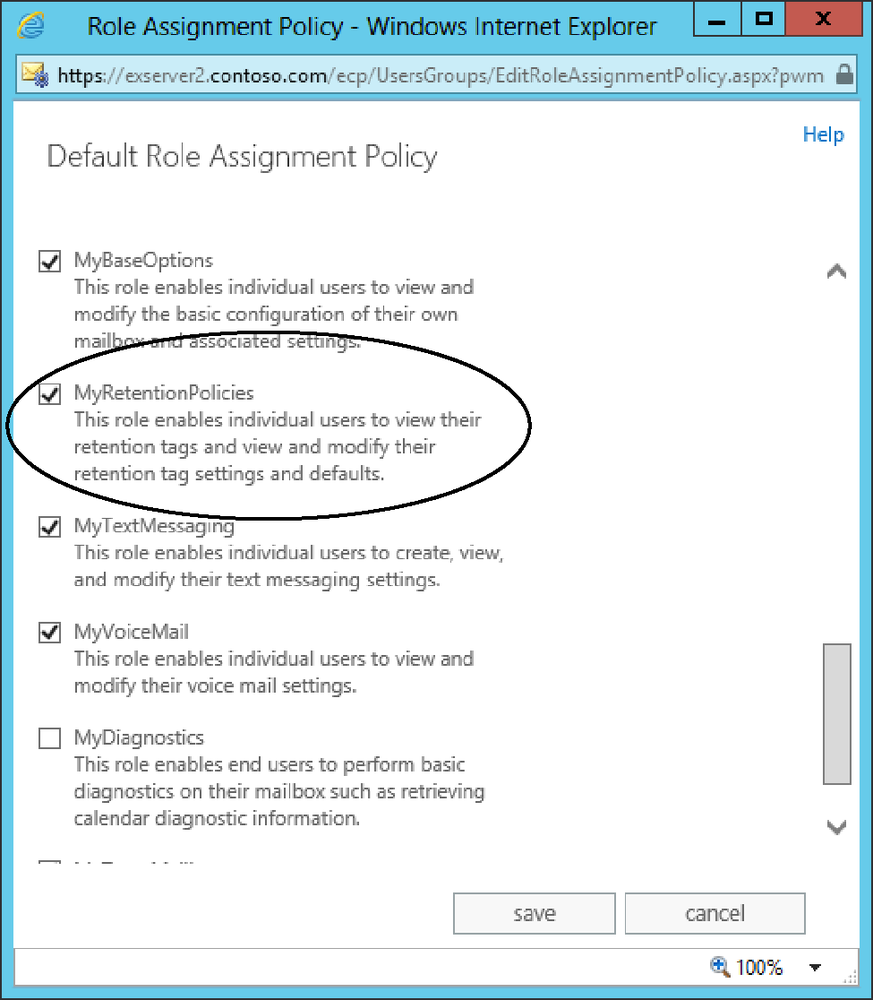 A screen shot showing how to amend the default role assignment policy to expose personal tags to users through Outlook Web App Options. The MyRetentionPolicies check box is set to allow Outlook Web App to display the personal tags.