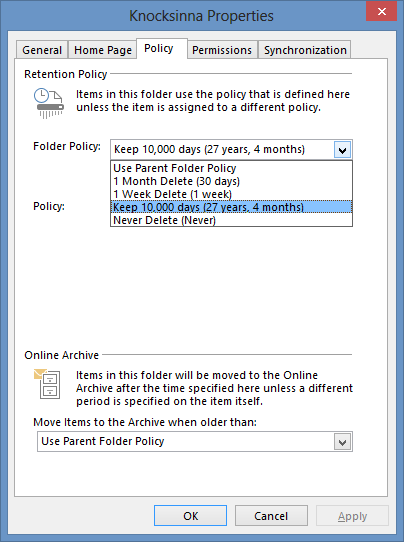 The screen shot of folder properties from Outlook 2013 shows that a user can select a personal tag from the set of tags available in the retention policy applied to the mailbox and apply that tag to the folder. In this case, the user has selected a tag that will retain items for 10,000 days.