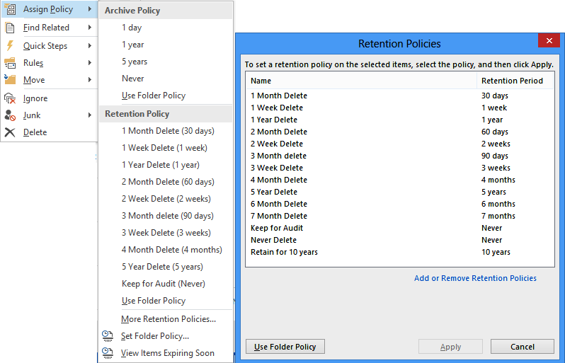 To illustrate how the Outlook user interface might struggle to deal with a large number of personal tags in a policy, two screen shots show how a policy that contains 14 tags is displayed from the context-sensitive menu revealed when a user right-clicks a selected item (the screen on the left) and when he uses folder properties to set a retention policy.