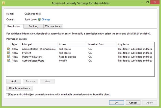 The current security settings for the selected folder