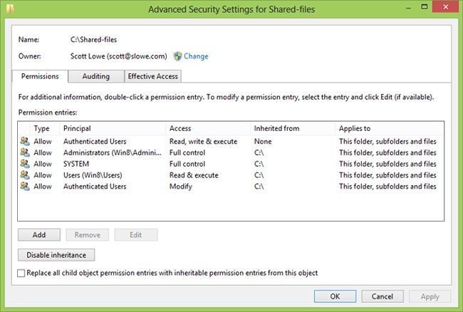 Advanced Security Settings window showing a directly granted level of permissions