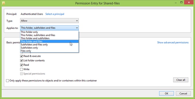 Permission Entry window showing the Applies To drop-down list