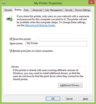 The Sharing tab in the My Printer Properties dialog box