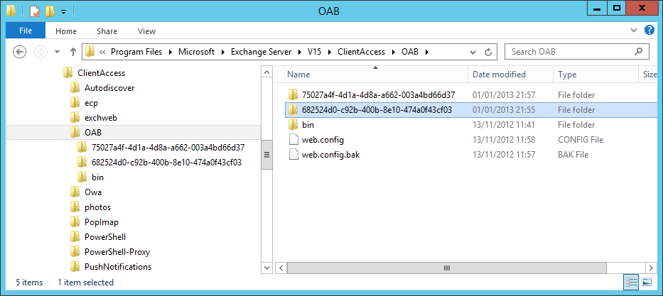 A screen shot showing two sets of OAB directories on an Exchange 2013 server. Clients connect to these directories to fetch the files they need to update their copies of the OAB.