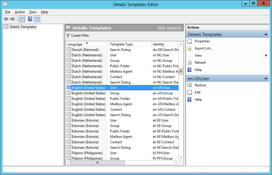 The templates editor is an MMC. This screen shot shows how the editor lists the templates installed on an Exchange server. The en-US\User template is selected; this is the template that displays User details in the U.S. English language.