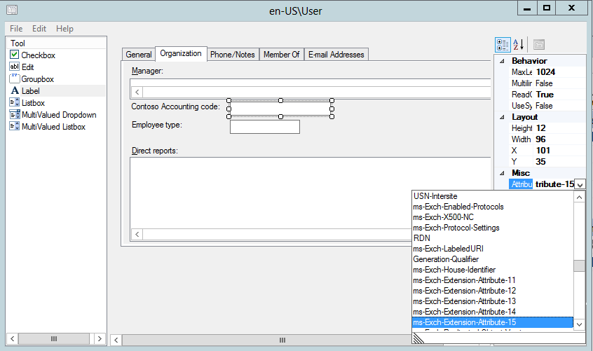 This screen shot shows how the template editor is used to add some new fields to the selected template. The interface is like Visual Basic or Access in terms of how it presents the various controls and allows them to be positioned on screen. In this example, a text box for Contoso Accounting Code is being positioned.