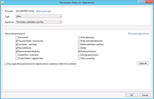 Permission Entry dialog box for basic and advanced permissions editing
