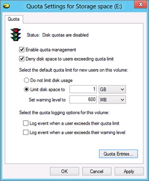 The Quota Settings dialog box, in which settings are defined
