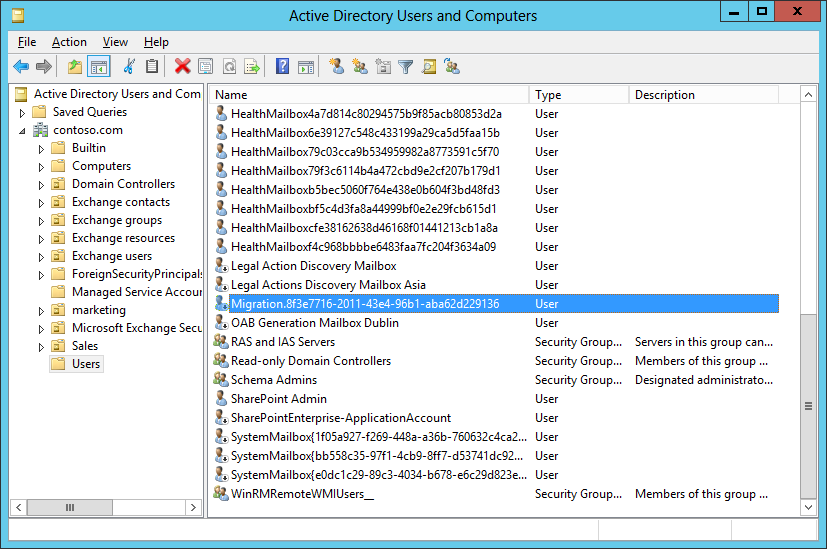 A screen shot of the Active Directory Users And Computers console with the Users organizational unit expanded to show the accounts Exchange 2013 creates for its use. For example, one is the migration arbitration mailbox the Migration service uses.