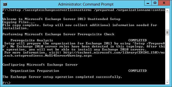 A screen shot of a CMD window with the Exchange Setup program being run in command-line mode. The /PrepareAD switch has been used to prepare Active Directory for the installation of a new Exchange organization, and the command completed successfully.