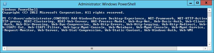 A screen shot showing how to install the Windows components necessary to support Exchange 2013 using PowerShell. The list of components is cut and pasted from TechNet.