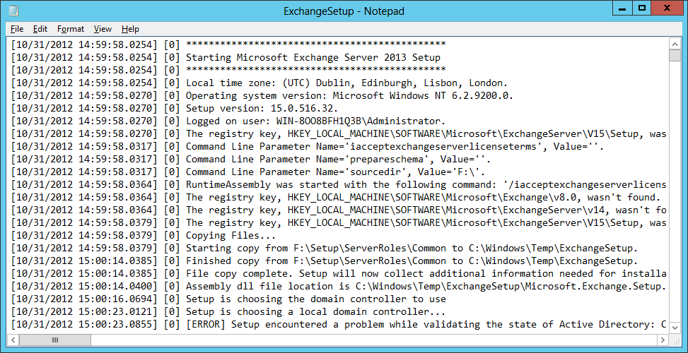 A screen shot of the Notepad text editor being used to review the contents of the Exchange setup log. In this case, an error has been encountered when Exchange attempted to contact an Active Directory domain controller.
