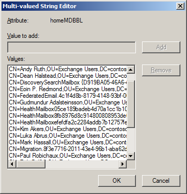 A screen shot taken when ADSIEdit is used to examine the attributes of a mailbox database. In this case, we’re looking at the HomeMDBBL attribute to see all of the mailboxes that are linked to the database.