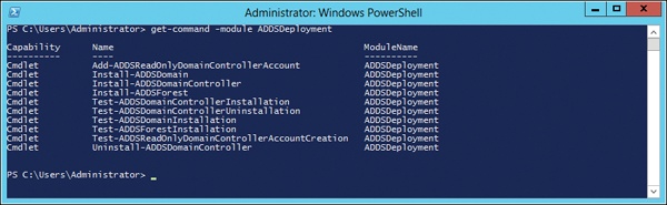 The PowerShell cmdlets available in the ADDSDeployment module.