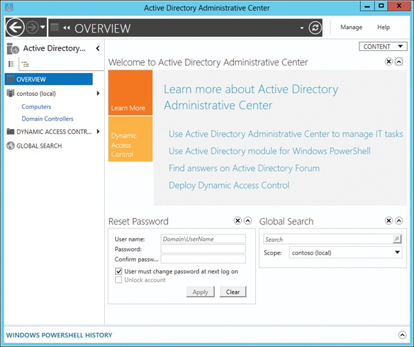 The Active Directory Administrative Center in Windows Server 2012.