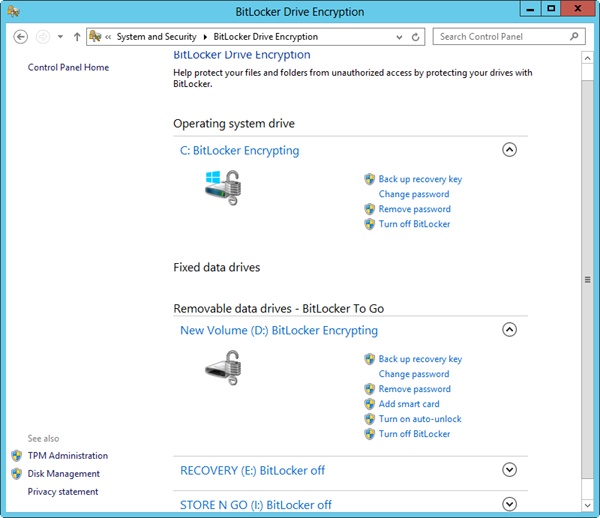 Review the current status of BitLocker for each volume.