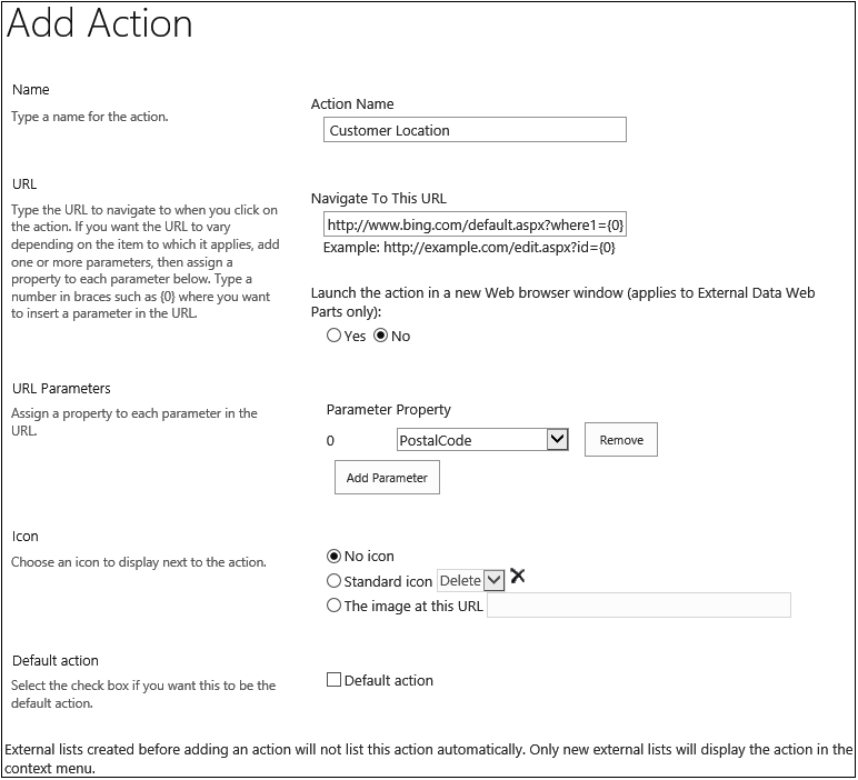 A screenshot of the Add Action page.