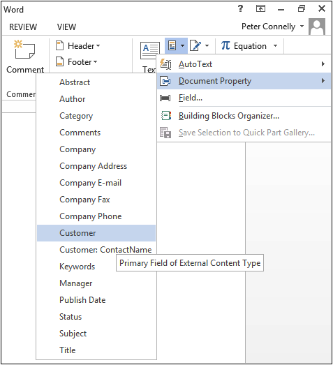 A screenshot of a document opened in Word with Document Property on the Quick Part menu option selected.
