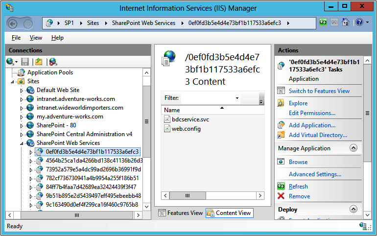 A screenshot of the Internet Information Services (IIS) Manager with the BDC web services selected and showing the bdcservice.svc endpoint in the Content View pane.