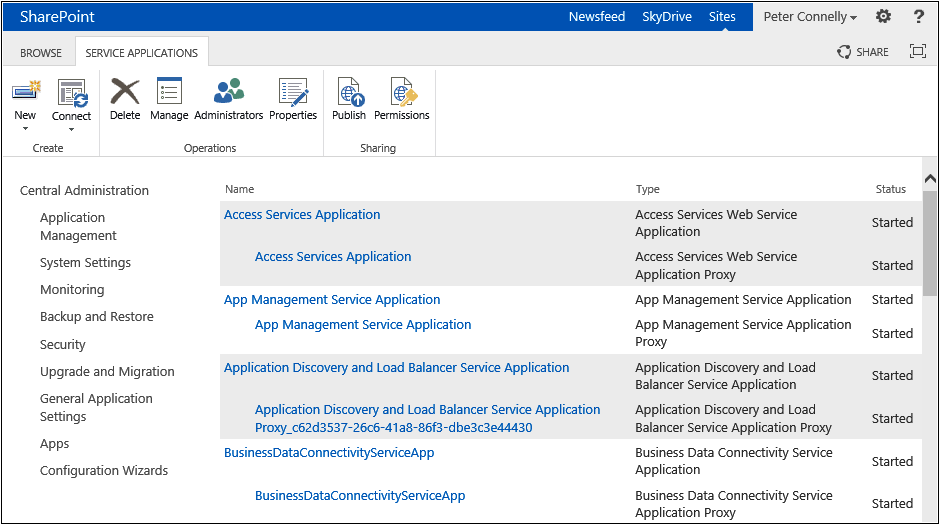 A screenshot of the Service Applications page.