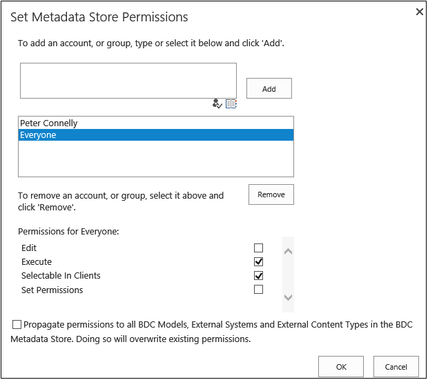 A screenshot of the Set Metadata Store Permissions dialog box.