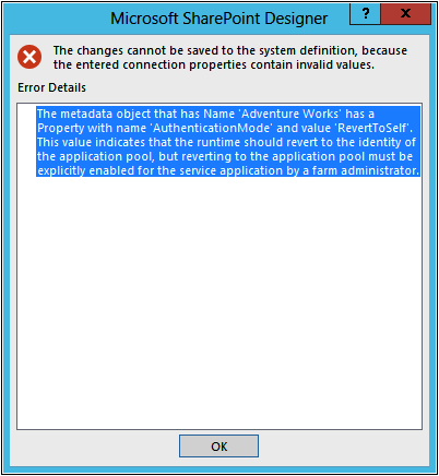 A screenshot of a Microsoft SharePoint Designer dialog box displaying the RevertToSelf.