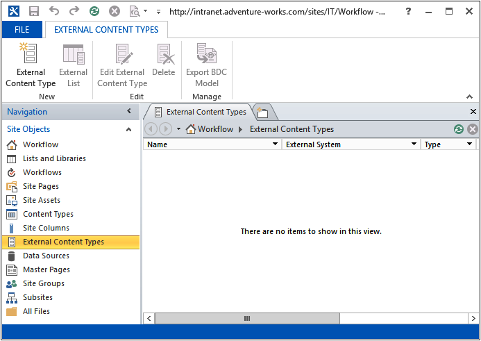 A screenshot of SharePoint Designer, with External Content Types selected in the Navigation pane, with the External Content Types gallery empty.