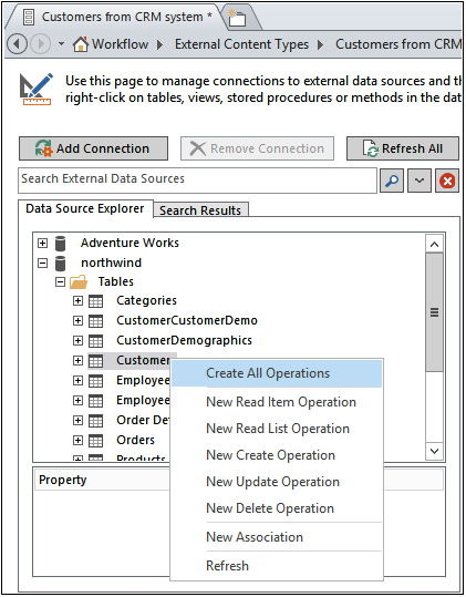 A screenshot of the Data Source Explorer with the context menu displaying the operations available on a table.