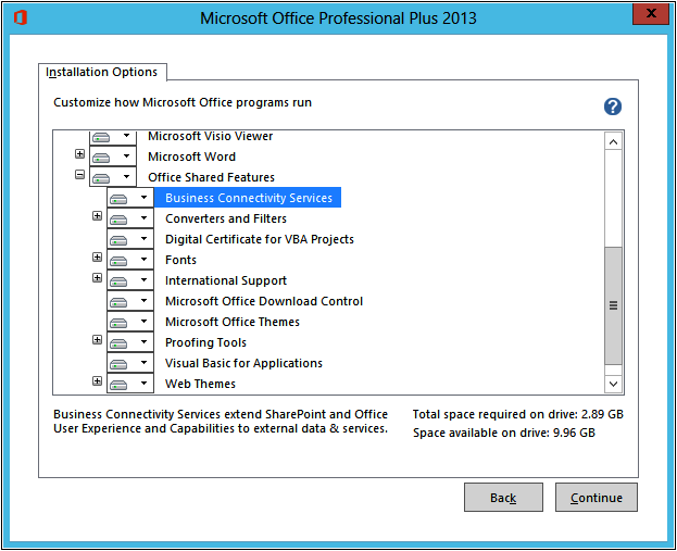 A screenshot of the Microsoft Office Professional Plus 2013 Installation Options.
