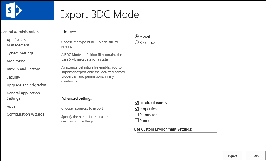 A screenshot of the Export BDC Model page.