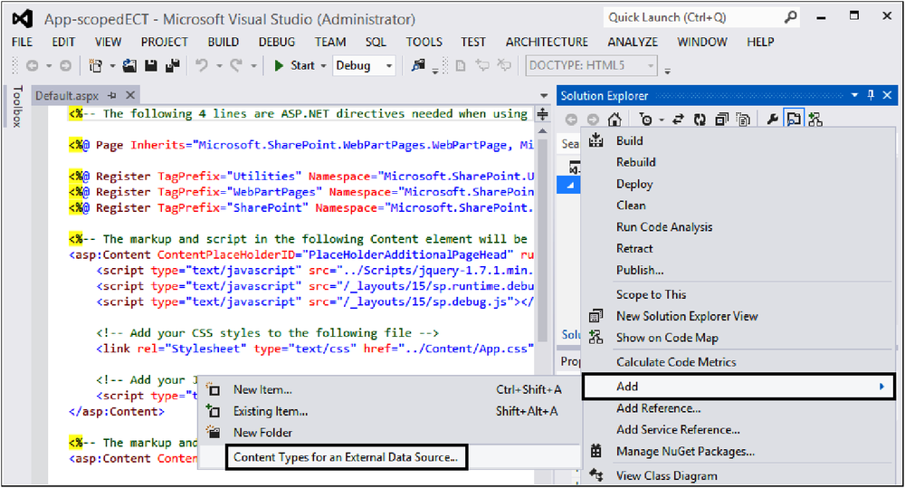 A screenshot of Visual Studio, with the Solution Explorer displayed. The right-click context sensitive menu is displayed with Add and Content Types For An External Data Source highlighted.