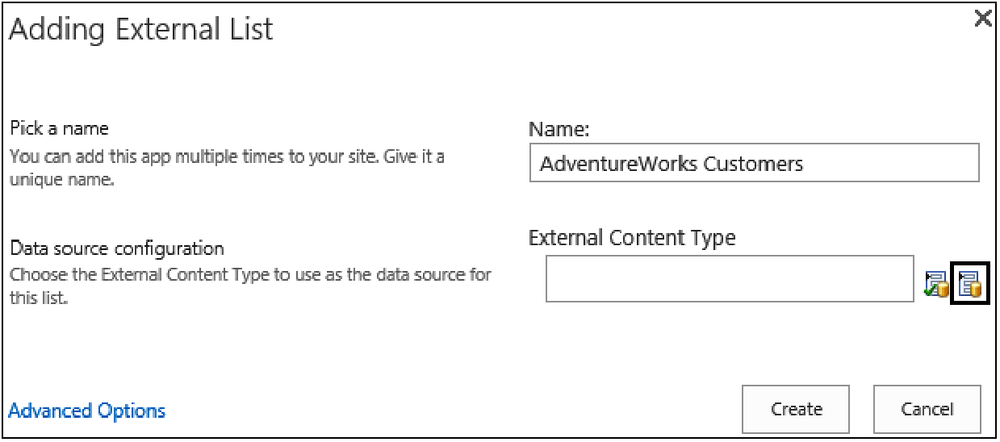 A screenshot of the Adding External List dialog with the Select External Content Type icon highlighted.