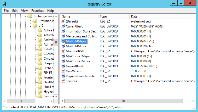 A screen shot of the Registry Editor showing where Exchange stores details of its version number (HKLM\Software\Microsoft\ExchangeServer\V15\Setup).