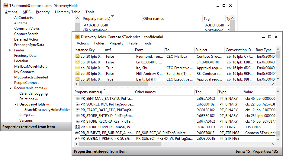 A screen shot showing how the MFCMAPI utility exposes deleted items captured by an in-place hold and retains them in the DiscoveryHolds subfolder of the Recoverable Items folder.