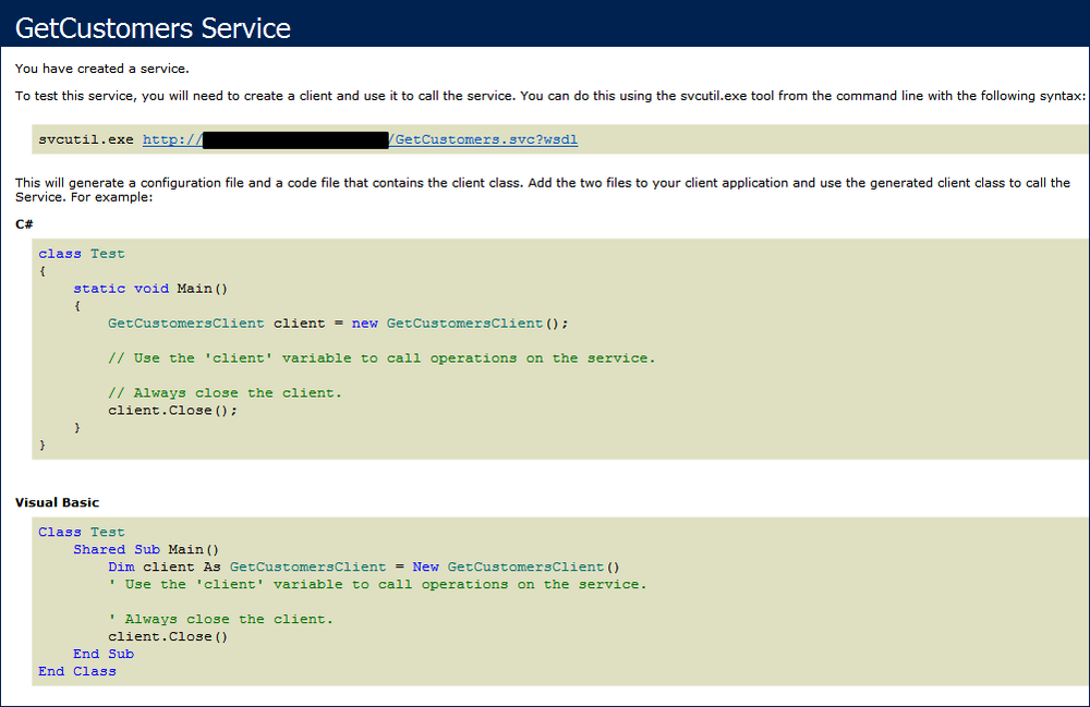 WCF service definition page in Windows Azure.