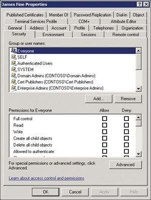 The Security tab of an Active Directory object’s Properties dialog box