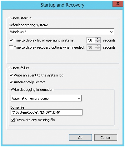 The Startup And Recovery dialog box lets you configure system startup and recovery procedures.