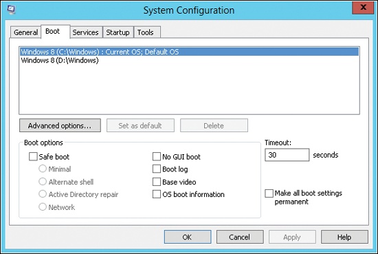 The Boot tab controls the boot partition, boot method, and boot options used by the operating system.