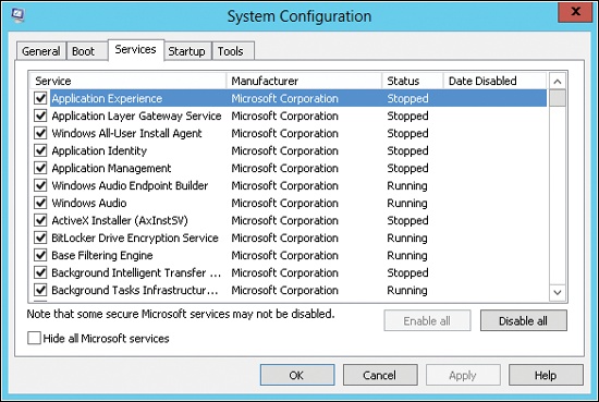 To troubleshoot problems with Windows services, use the options on the Services tab.