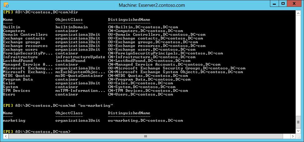 A screen shot of an EMS session in which the Active Directory snap-in has been loaded and used to browse through its structure before adding a new OU called Marketing.