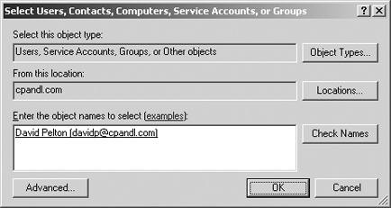 Specify the name of the user, contact, computer, service account, or group to add.