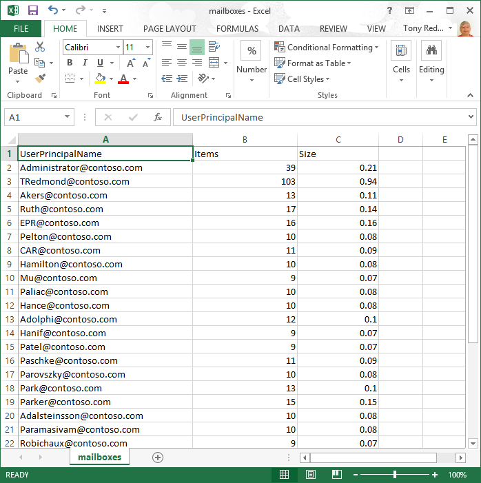 A screen shot of Excel showing the CSV data output by the script. The columns shown are the UserPrincipalName, Items and mailbox size.