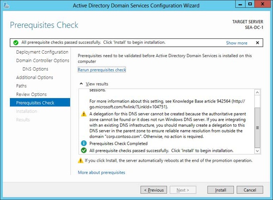 Example of the new validation phase that occurs during domain controller promotion using Server Manager.