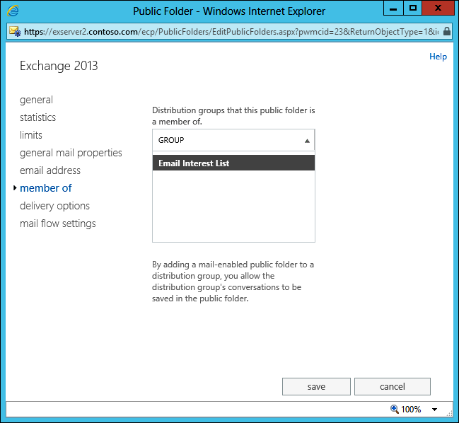 A screen shot from EAC of the properties of a mail-enabled public folder with the Member Of section revealed. This shows that the public folder is a member of the Email Interest List distribution group.