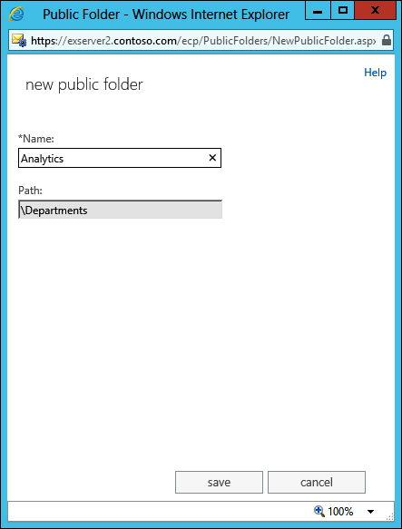 The only field users can set when creating a new public folder is the name for the new folder. In this case, the user has entered Analytics.