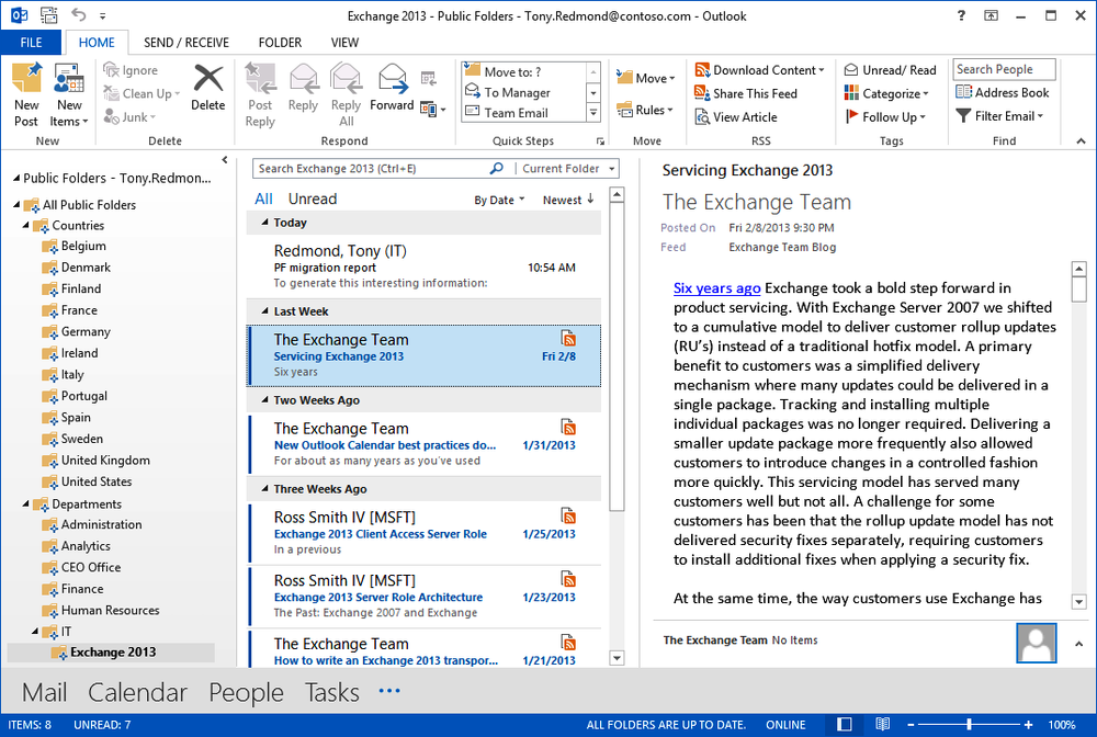 A screen shot of Outlook 2013 showing how clients access public folders. The public folder hierarchy is open on the left and shows the top-level folders and their subfolders. The content stored in the Exchange 2013 public folder is visible.