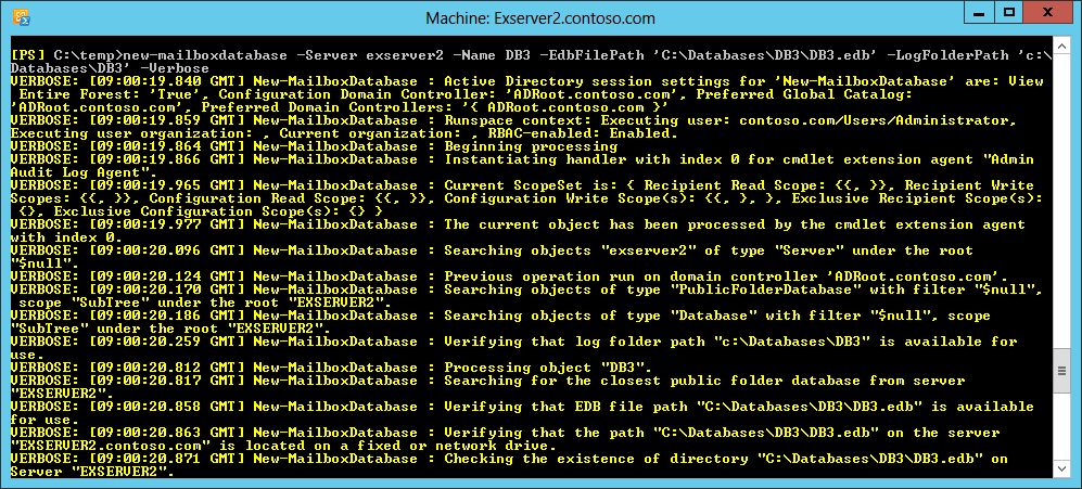 A screen shot showing the kind of information EMS reports when the Verbose switch is used with a command. In this case, all the steps EMS takes when it executes the New-MailboxDatabase cmdlet are displayed.